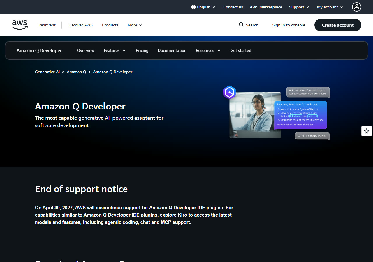 Amazon Q Developer homepage at aws.amazon.com, captured 29 October 2026