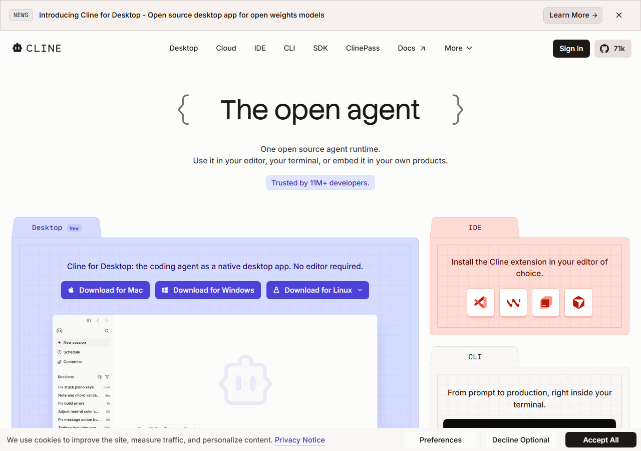 Cline homepage at cline.bot, captured 29 October 2026