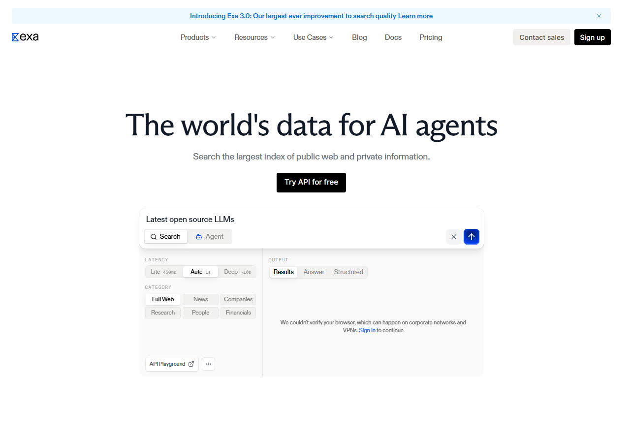 Exa homepage at exa.ai, captured 29 October 2026