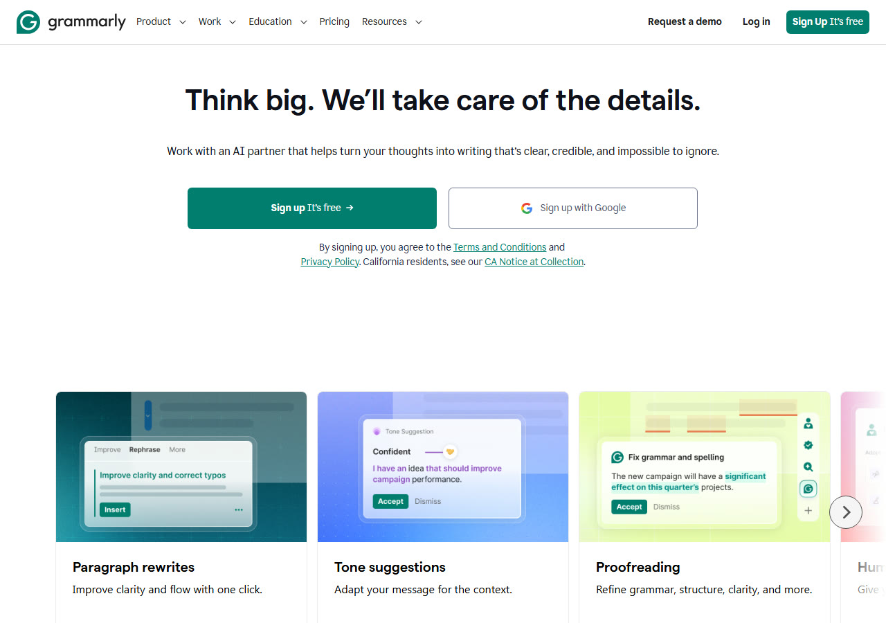 Grammarly homepage at grammarly.com, captured 29 October 2026