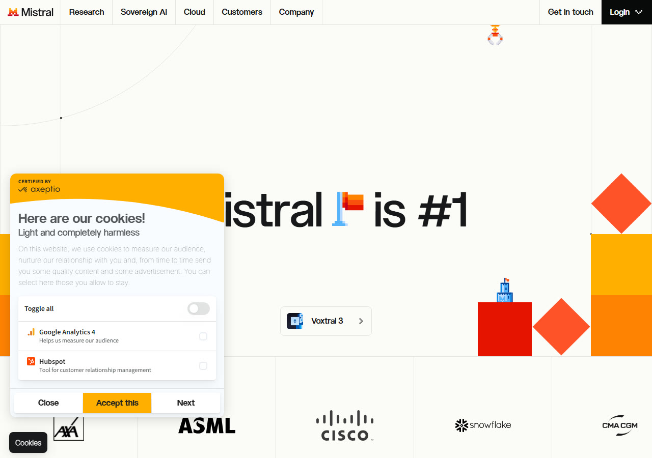 Mistral Vibe (Le Chat) homepage at mistral.ai, captured 29 October 2026