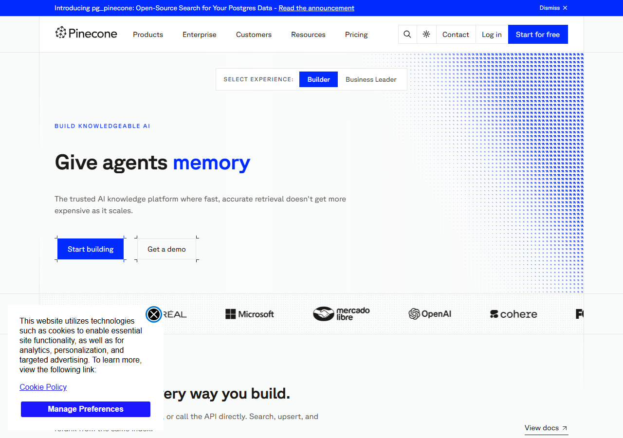 Pinecone homepage at pinecone.io, captured 29 October 2026